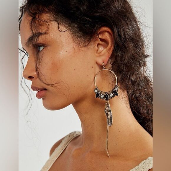 NWT Free People Winona Hoops - Gold Brass with Red Coral Stones - Picture 6 of 11